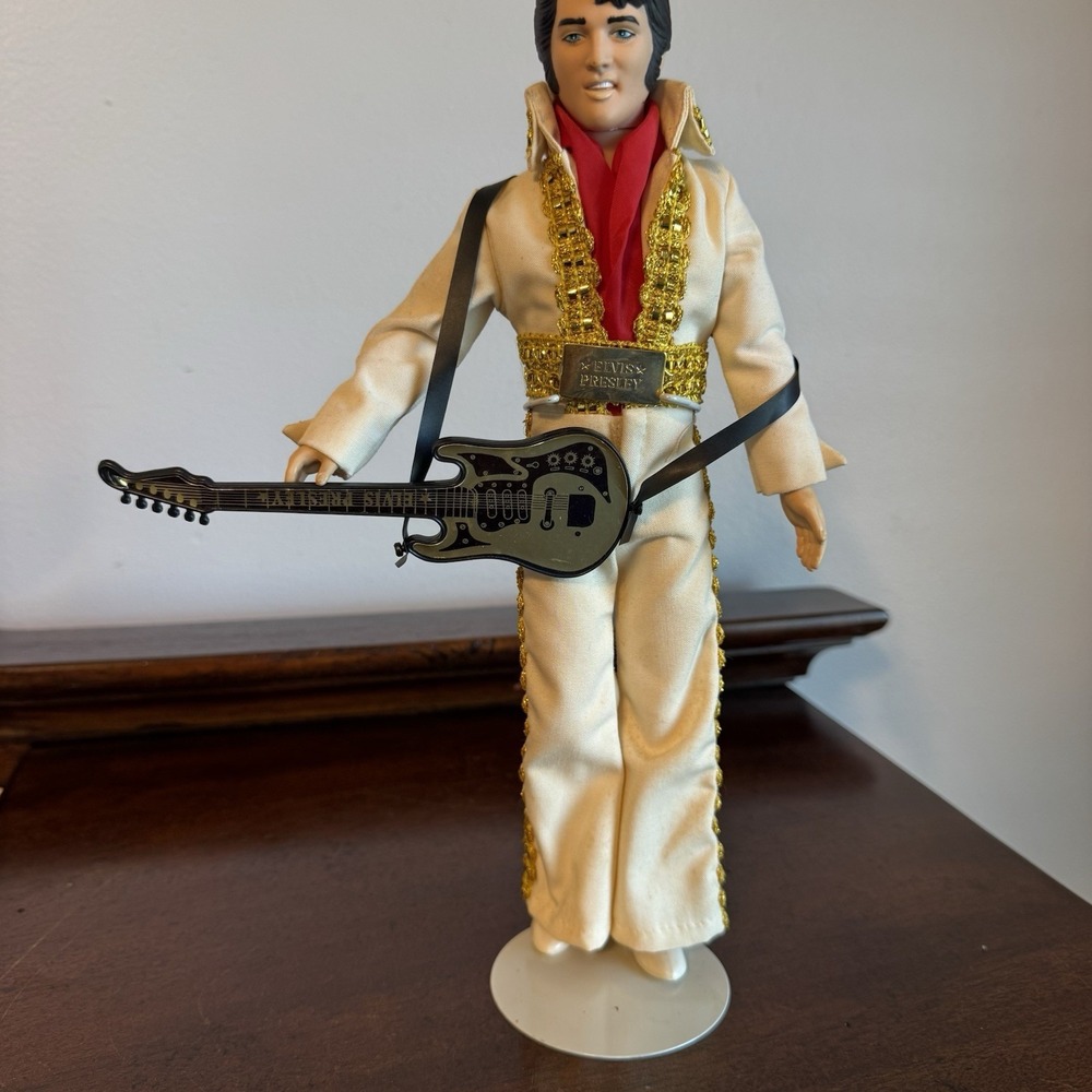 12" VNTG Elvis Presley Action Figure Doll White Jumpsuit Gold Trim Guitar